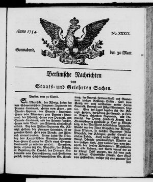 Berlinische Nachrichten von Staats- und gelehrten Sachen vom 30.03.1754