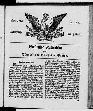 Berlinische Nachrichten von Staats- und gelehrten Sachen vom 04.04.1754