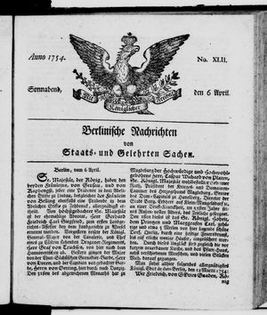 Berlinische Nachrichten von Staats- und gelehrten Sachen on Apr 6, 1754