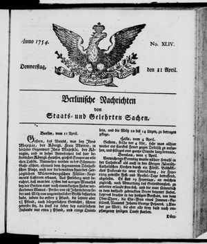 Berlinische Nachrichten von Staats- und gelehrten Sachen vom 11.04.1754