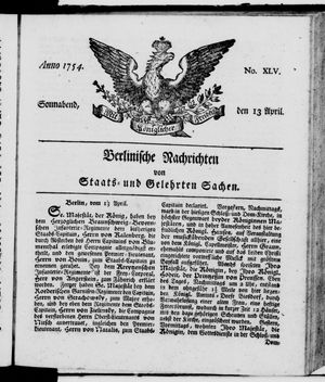 Berlinische Nachrichten von Staats- und gelehrten Sachen vom 13.04.1754