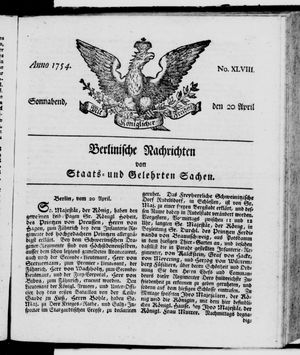 Berlinische Nachrichten von Staats- und gelehrten Sachen vom 20.04.1754