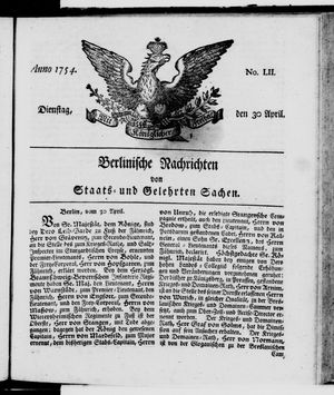 Berlinische Nachrichten von Staats- und gelehrten Sachen vom 30.04.1754