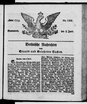 Berlinische Nachrichten von Staats- und gelehrten Sachen vom 08.06.1754