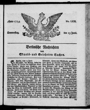 Berlinische Nachrichten von Staats- und gelehrten Sachen vom 13.06.1754