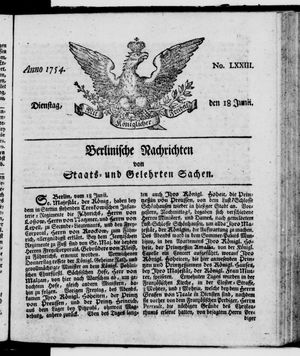 Berlinische Nachrichten von Staats- und gelehrten Sachen vom 18.06.1754
