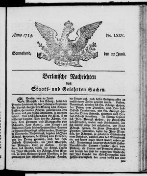 Berlinische Nachrichten von Staats- und gelehrten Sachen vom 22.06.1754