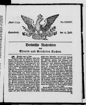 Berlinische Nachrichten von Staats- und gelehrten Sachen vom 13.07.1754