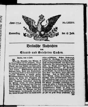 Berlinische Nachrichten von Staats- und gelehrten Sachen on Jul 18, 1754