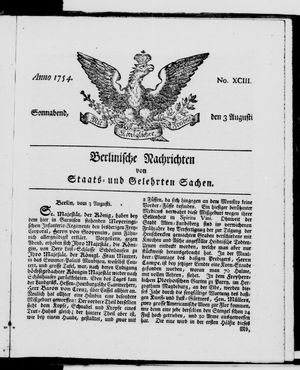 Berlinische Nachrichten von Staats- und gelehrten Sachen on Aug 3, 1754