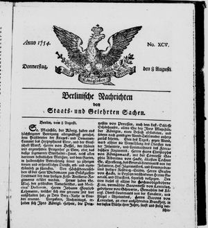 Berlinische Nachrichten von Staats- und gelehrten Sachen vom 08.08.1754