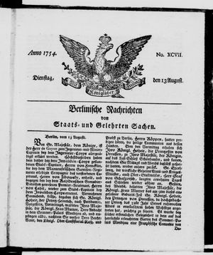 Berlinische Nachrichten von Staats- und gelehrten Sachen vom 13.08.1754