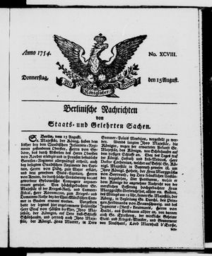 Berlinische Nachrichten von Staats- und gelehrten Sachen vom 15.08.1754