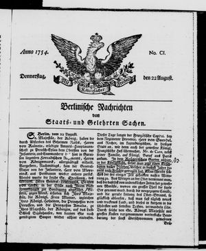 Berlinische Nachrichten von Staats- und gelehrten Sachen vom 22.08.1754