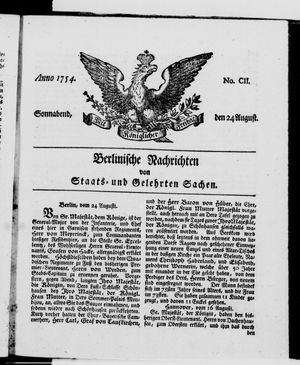 Berlinische Nachrichten von Staats- und gelehrten Sachen vom 24.08.1754