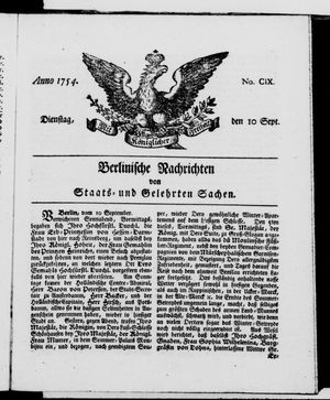 Berlinische Nachrichten von Staats- und gelehrten Sachen vom 10.09.1754