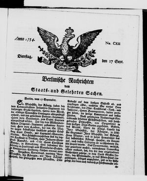 Berlinische Nachrichten von Staats- und gelehrten Sachen vom 17.09.1754