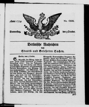 Berlinische Nachrichten von Staats- und gelehrten Sachen vom 03.10.1754