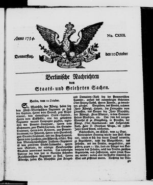 Berlinische Nachrichten von Staats- und gelehrten Sachen vom 10.10.1754