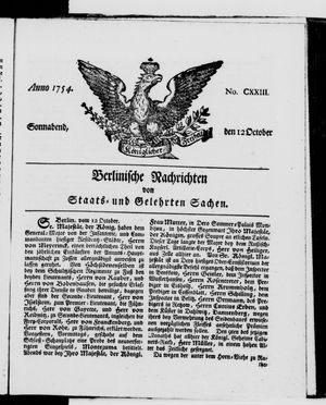Berlinische Nachrichten von Staats- und gelehrten Sachen vom 12.10.1754