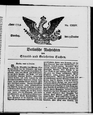 Berlinische Nachrichten von Staats- und gelehrten Sachen vom 15.10.1754
