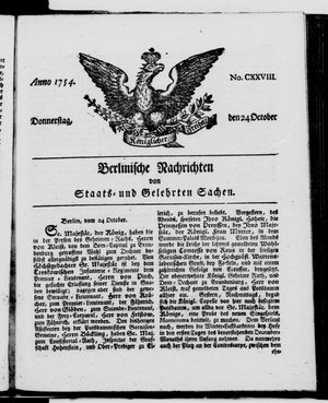 Berlinische Nachrichten von Staats- und gelehrten Sachen vom 24.10.1754
