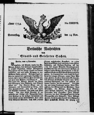 Berlinische Nachrichten von Staats- und gelehrten Sachen vom 14.11.1754