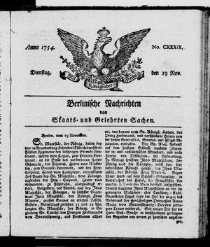 Berlinische Nachrichten von Staats- und gelehrten Sachen vom 19.11.1754