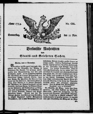 Berlinische Nachrichten von Staats- und gelehrten Sachen vom 21.11.1754
