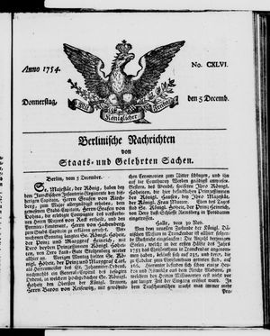 Berlinische Nachrichten von Staats- und gelehrten Sachen vom 05.12.1754