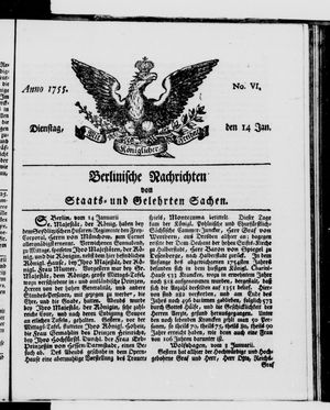 Berlinische Nachrichten von Staats- und gelehrten Sachen vom 14.01.1755