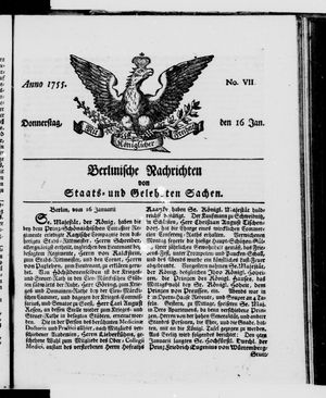 Berlinische Nachrichten von Staats- und gelehrten Sachen vom 16.01.1755