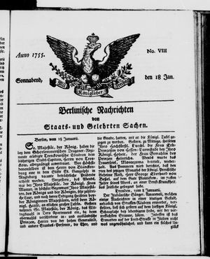 Berlinische Nachrichten von Staats- und gelehrten Sachen vom 18.01.1755