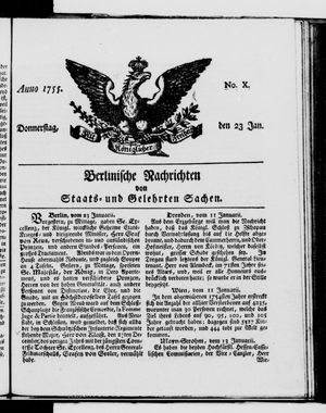 Berlinische Nachrichten von Staats- und gelehrten Sachen vom 23.01.1755