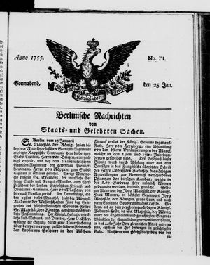 Berlinische Nachrichten von Staats- und gelehrten Sachen vom 25.01.1755