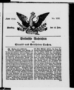 Berlinische Nachrichten von Staats- und gelehrten Sachen vom 18.02.1755