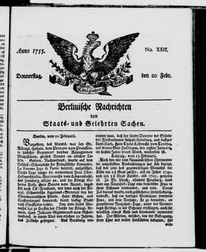 Berlinische Nachrichten von Staats- und gelehrten Sachen vom 20.02.1755