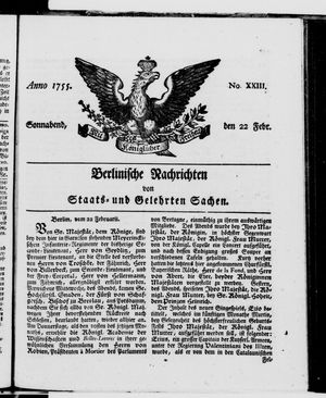 Berlinische Nachrichten von Staats- und gelehrten Sachen vom 22.02.1755