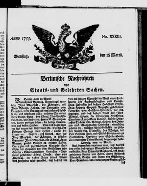 Berlinische Nachrichten von Staats- und gelehrten Sachen vom 18.03.1755
