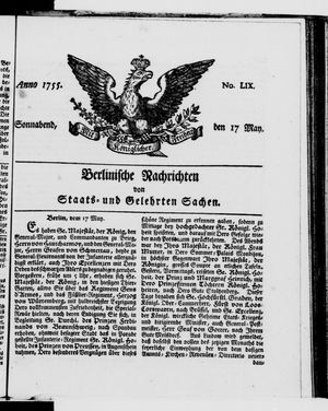 Berlinische Nachrichten von Staats- und gelehrten Sachen vom 17.05.1755