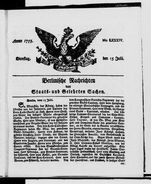 Berlinische Nachrichten von Staats- und gelehrten Sachen vom 15.07.1755