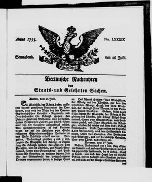 Berlinische Nachrichten von Staats- und gelehrten Sachen vom 26.07.1755