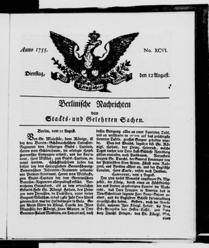 Berlinische Nachrichten von Staats- und gelehrten Sachen vom 12.08.1755