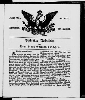Berlinische Nachrichten von Staats- und gelehrten Sachen vom 14.08.1755