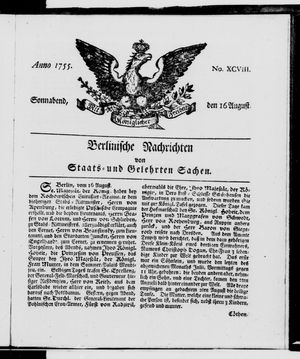 Berlinische Nachrichten von Staats- und gelehrten Sachen vom 16.08.1755