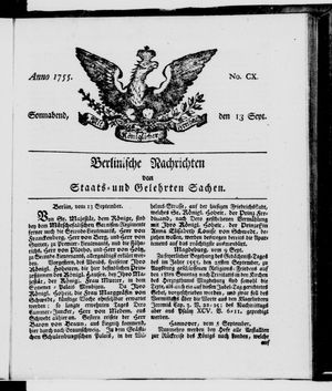 Berlinische Nachrichten von Staats- und gelehrten Sachen on Sep 13, 1755
