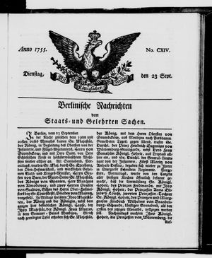Berlinische Nachrichten von Staats- und gelehrten Sachen vom 23.09.1755