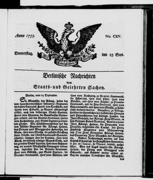 Berlinische Nachrichten von Staats- und gelehrten Sachen vom 25.09.1755