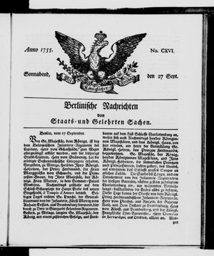Berlinische Nachrichten von Staats- und gelehrten Sachen vom 27.09.1755