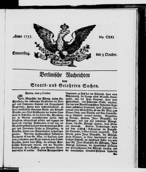 Berlinische Nachrichten von Staats- und gelehrten Sachen vom 09.10.1755
